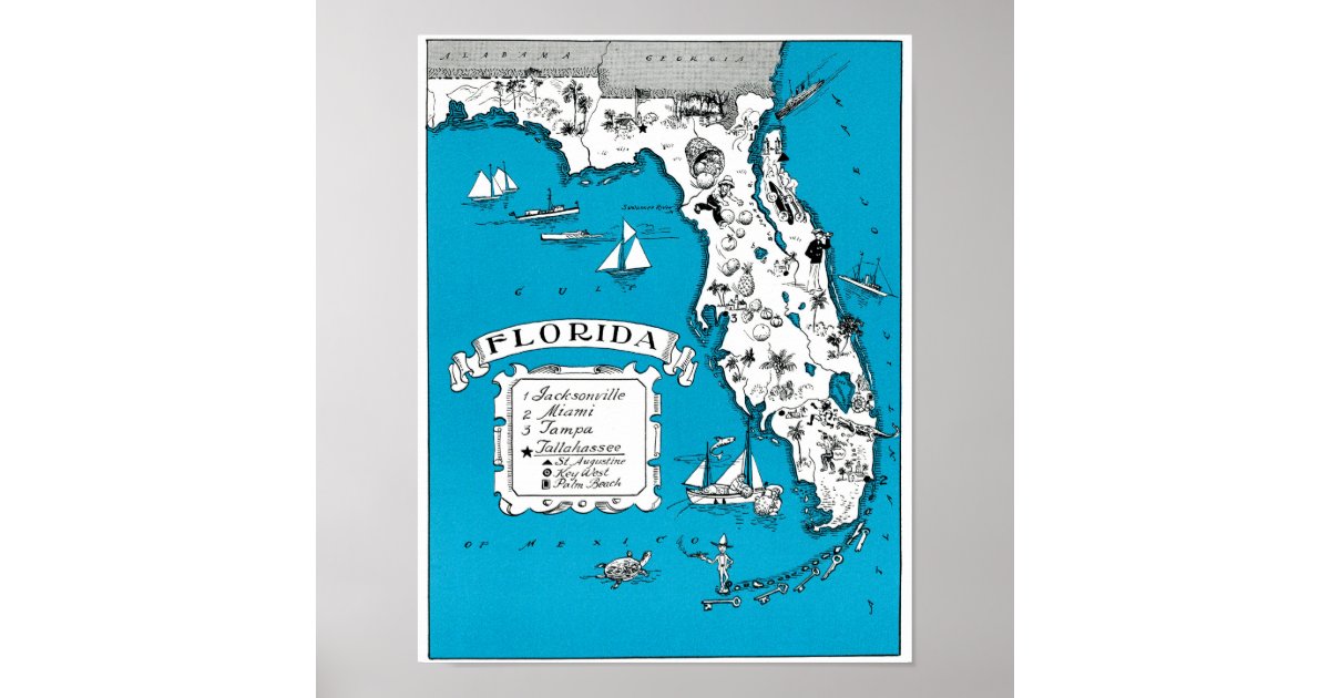 Vintage Florida State Map Coastal Wall Decor Poster Zazzle