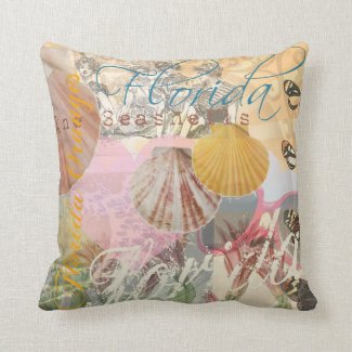Vintage Florida Travel Beach Shells Collage Throw Pillows