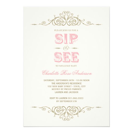 Vintage Flourish Elegant New Baby Girl Sip And See Personalized Announcements