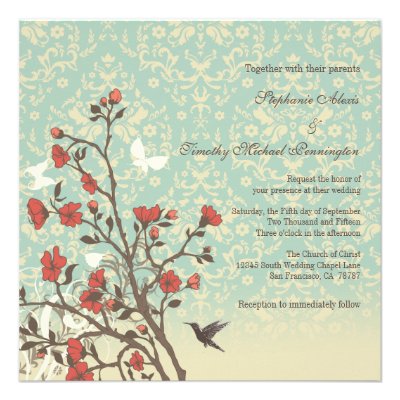 Vintage flowers, bird + damask wedding invitation