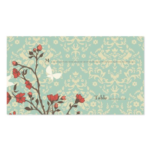 Vintage flowers bird + damask wedding place card business card template (back side)