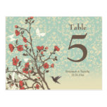 Vintage flowers bird + damask wedding table number postcards