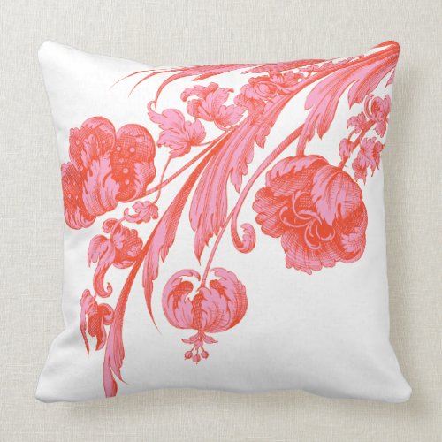Vintage Flowers in Bold Colors, Orange and Pink Throw Pillow