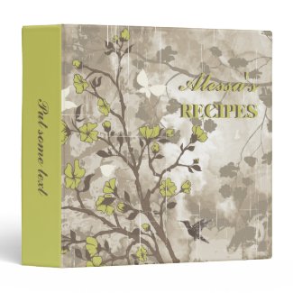 Vintage flowers olive green, taupe floral recipe 3 ring binders