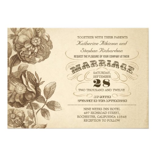 vintage  flowers & typographic wedding invitation