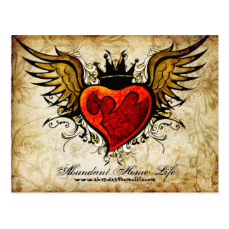 Vintage Flowers & Winged Heart Tattoo Postcard
