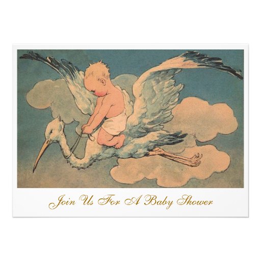 Vintage Flying Stork and Infant Gender Baby Shower Personalized Invitation