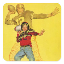 Vintage Football Quarterback Passing the Football Square Stickers