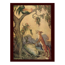 Vintage Fox, the Cock and the Dog Aesop's Fable Postcard