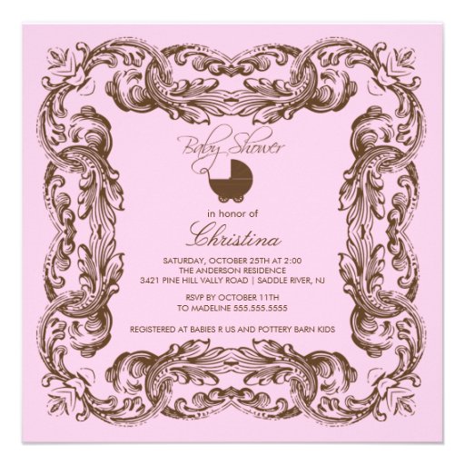 Vintage Frame Brown Pink Baby Shower Invitation