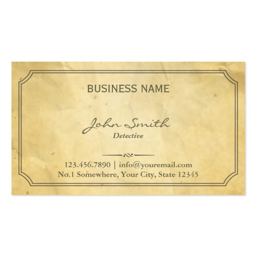 Vintage Framed Old Paper Detective Business Card (front side)
