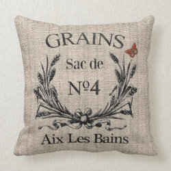 Vintage French Aix Les Bains Grainsack-Effect Throw Pillow