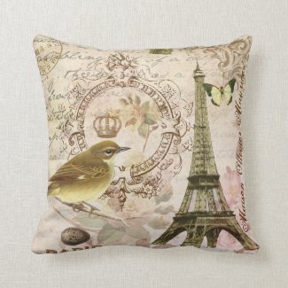 Vintage French bird and Eiffel Tower pillow