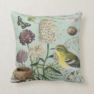 Vintage French bird and nature pillow