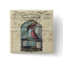 Vintage French Chic Victorian Birdcage Love Birds Button