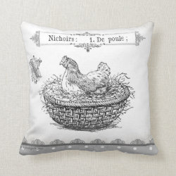 Vintage French Hen in Basket pillow grey blk white