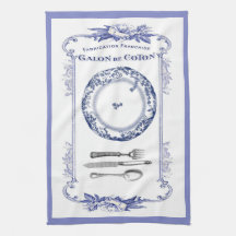 vintage french plate & cutlery kitchen towel blue