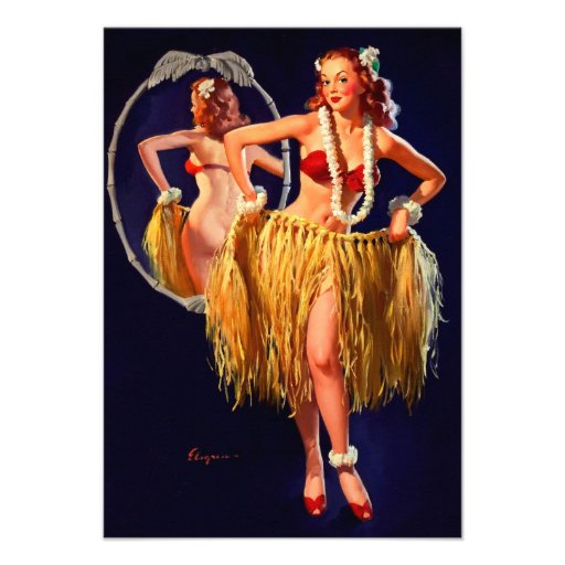 Vintage Gil Elvgren Hula Hawaiian Pin UP Girl Invites