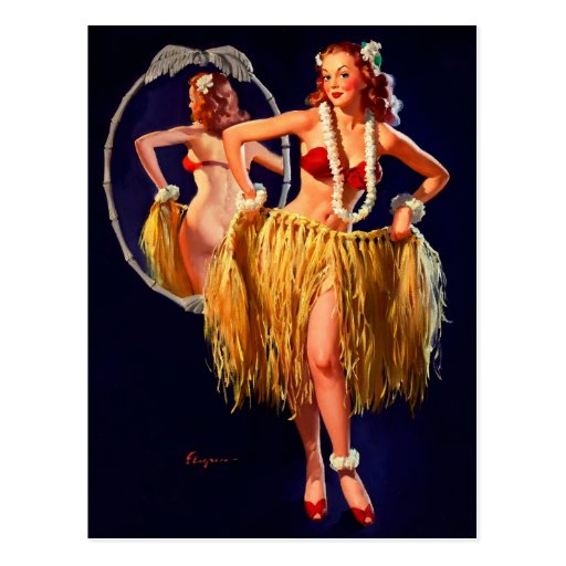 Vintage Gil Elvgren Hula Hawaiian Pin Up Girl Postcard
