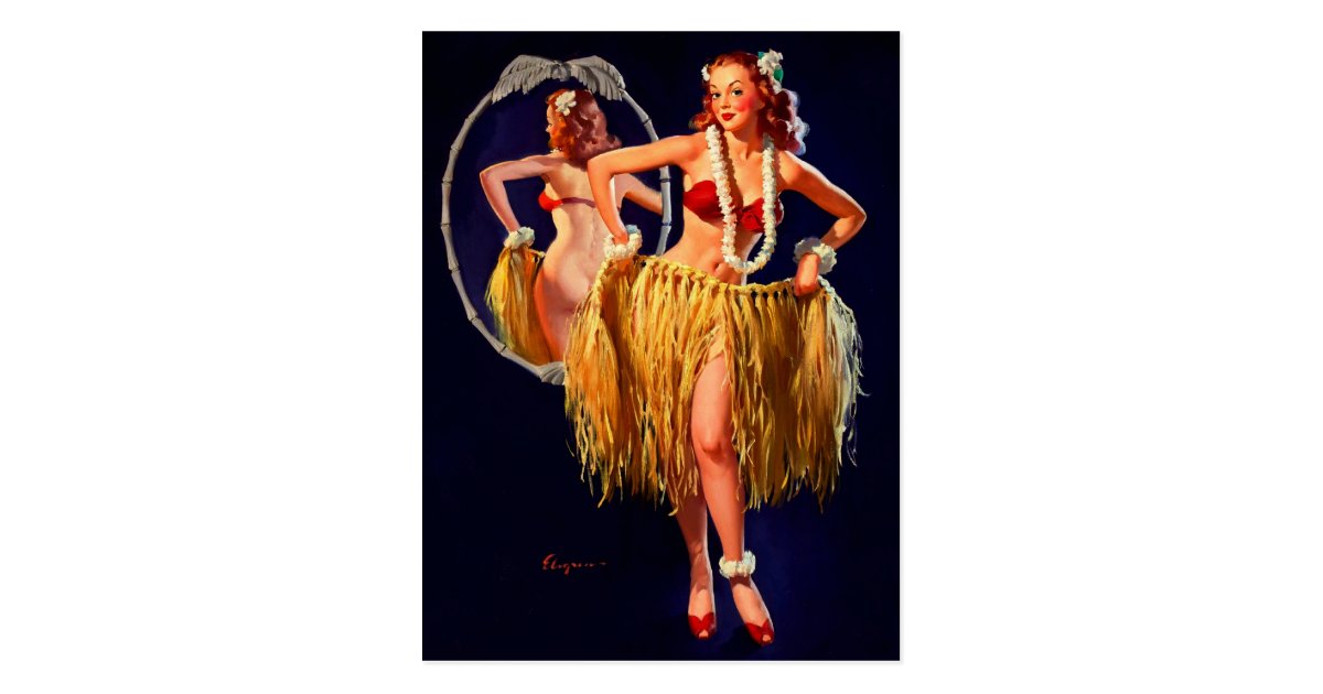 Vintage Gil Elvgren Hula Hawaiian Pin Up Girl Postcard
