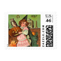 Vintage Girl and Owl Small Postage