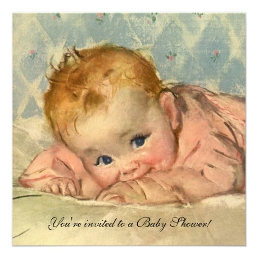 Vintage Girl Baby Shower, Child on Blanket Personalized Invitation