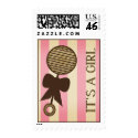 Vintage Girl Baby Shower Pink Stripes & Rattle stamp