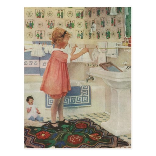 Vintage Girl, Child Doing Laundry Hanging Clothes Post Cards