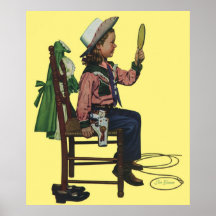 Vintage Girl Cowgirl Looking  Mirror She's so Vain Print