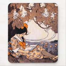 Vintage Girl Reading Under a Tree Mousepads