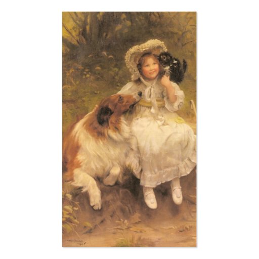Vintage Girl With Collie and Kitten Business Cards (back side)