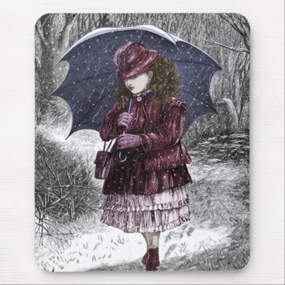 Vintage Girl With Umbrella In Snow Storm Mouse Pads by Vintage_Gifts