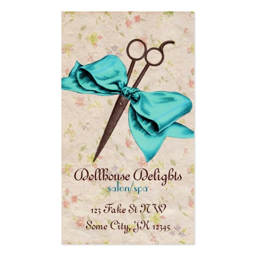 vintage girly hair stylist blue bow floral shears business card templates (front side)