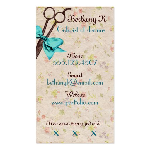 vintage girly hair stylist blue bow floral shears business card templates (back side)