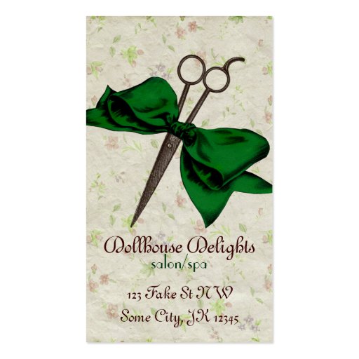 vintage girly hair stylist emerald bow shears business cards (front side)