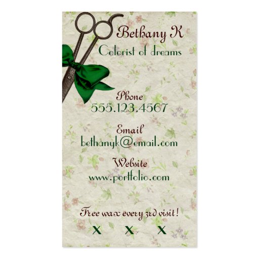 vintage girly hair stylist emerald bow shears business cards (back side)