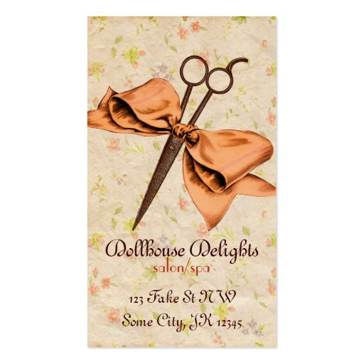 vintage girly hair stylist floral melon bow shears business card (front side)