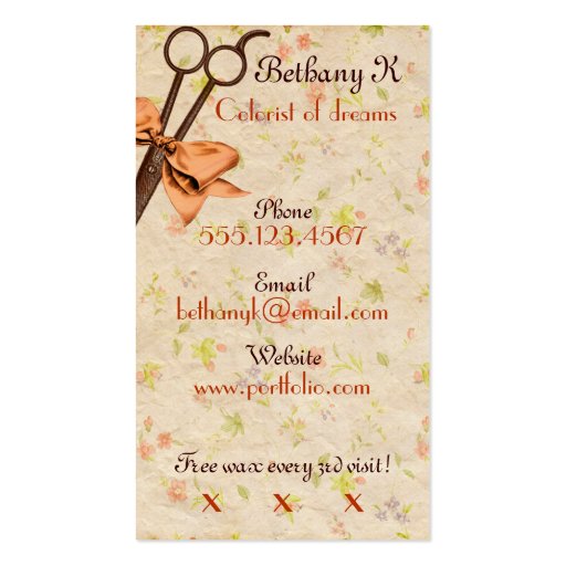 vintage girly hair stylist floral melon bow shears business card (back side)