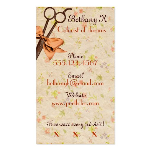 Customizable vintage girly hair stylist floral melon bow shears business card