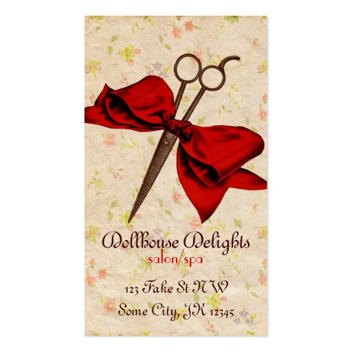 vintage girly hair stylist floral red bow shears business card template (front side)