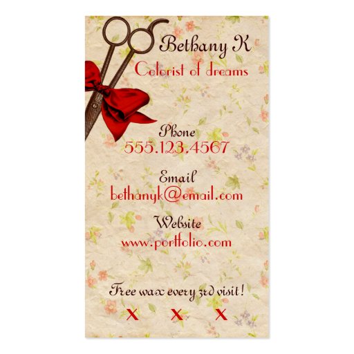 vintage girly hair stylist floral red bow shears business card template (back side)