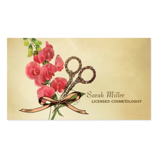 vintage girly hair stylist floral scissors pink business card template (front side)