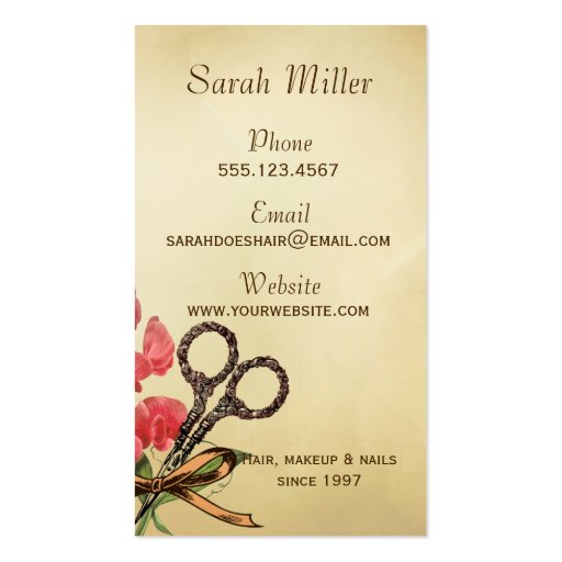 vintage girly hair stylist floral scissors pink business card template (back side)