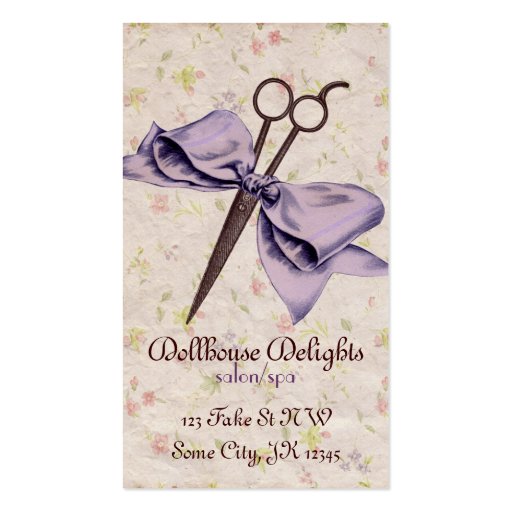 vintage girly hair stylist lavender bow shears business card (front side)