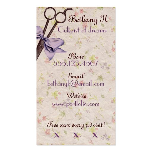 vintage girly hair stylist lavender bow shears business card (back side)