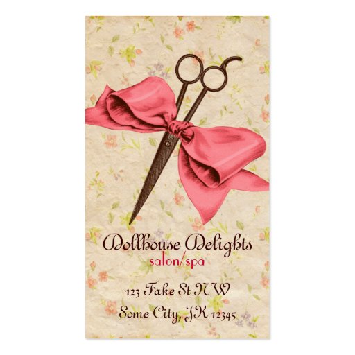 vintage girly hair stylist pink bow floral shears business card template (front side)