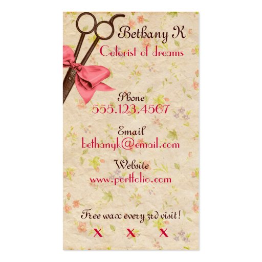 vintage girly hair stylist pink bow floral shears business card template (back side)