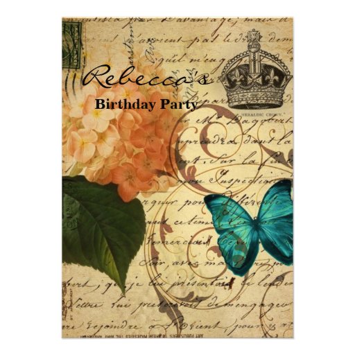 vintage girly Hydrangea butterfly swirls scripts Personalized Announcements