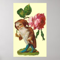 Vintage Gnome With A Pink Rose Poster Print posters