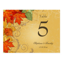 Vintage gold fall leaves wedding table number postcards